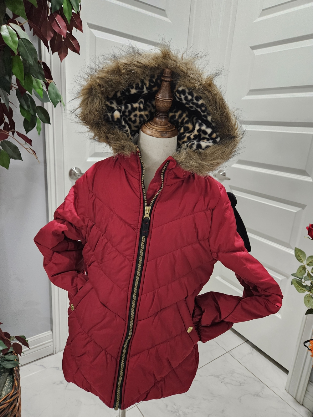 Girls' Red Quilted Puffer Jacket with Faux Fur Hood
